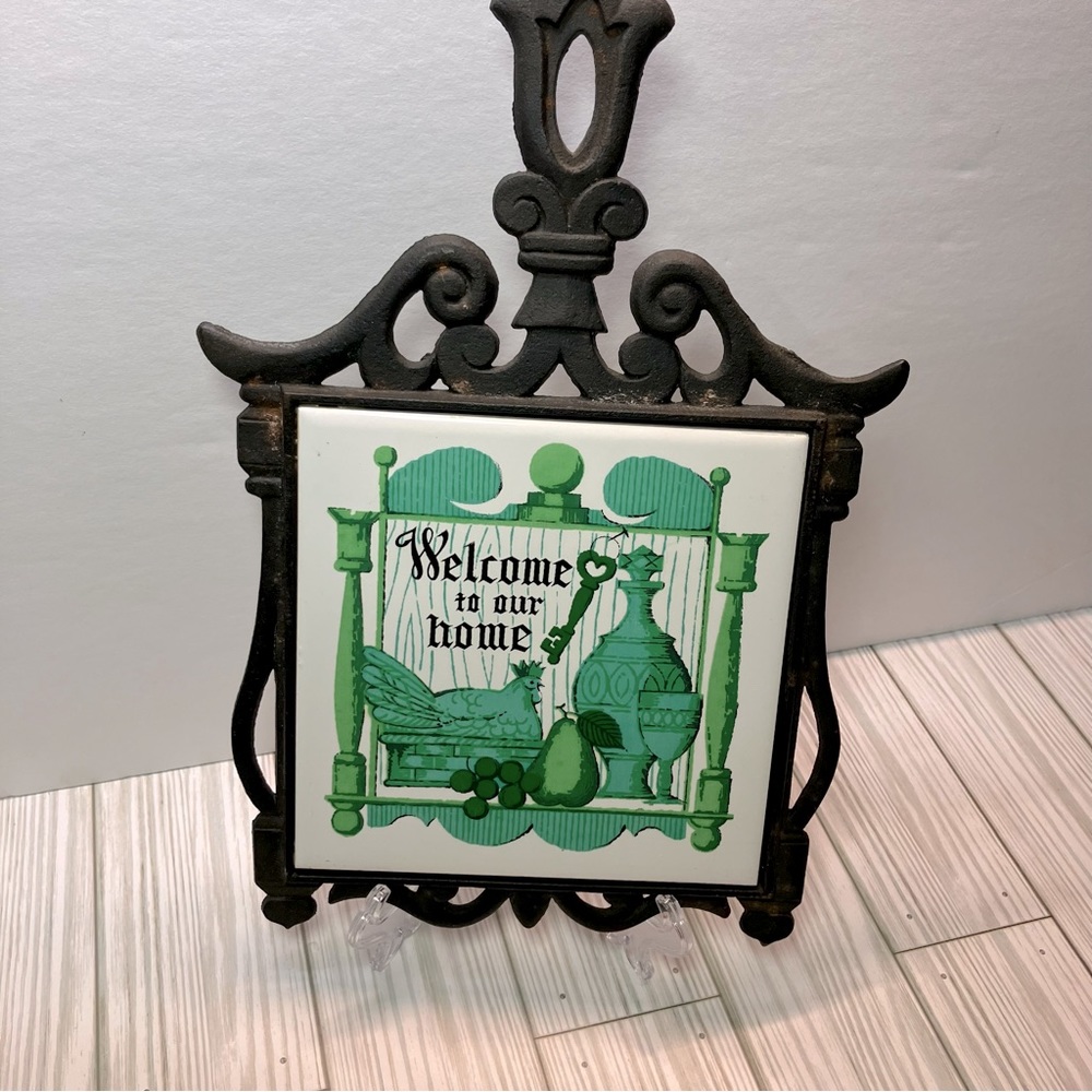 Vintage Cast Iron Ceramic Tile Trivet Hot Pad